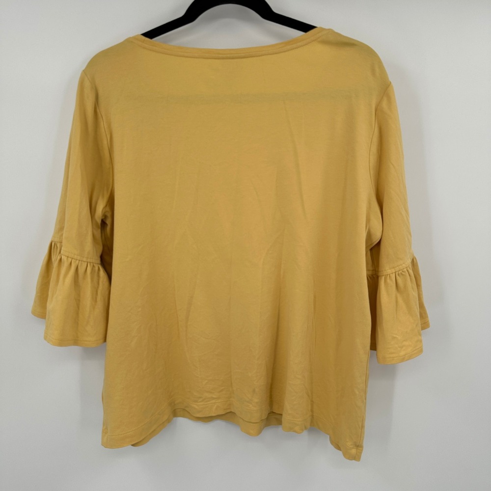 Chicos Yellow Cotton Ruffle Bell Sleeve Scoop Neck Top Size 2 Large Solid Knit - Picture 6 of 9